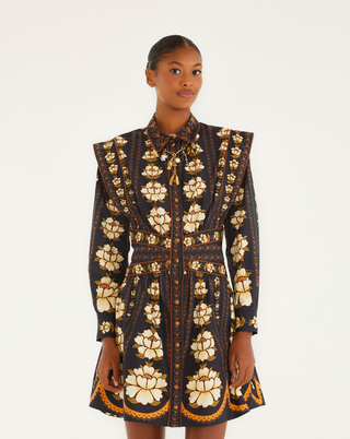 Farm Rio | Embroidered Flowers Black Topstitching Dress