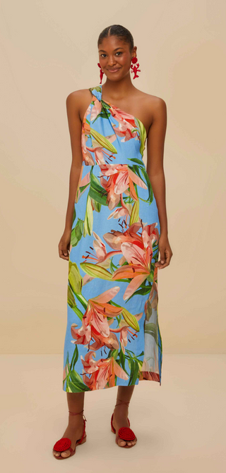 Farm Rio | Lily Bloom Blue Midi Dress One Shoulder