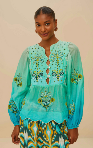 Farm Rio | Turquoise Palm Tree Tapestry Blue Wavy Yoke Blouse