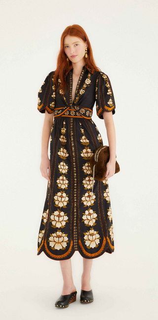 Farm Rio | Embroidered Flowers Black Midi Dress