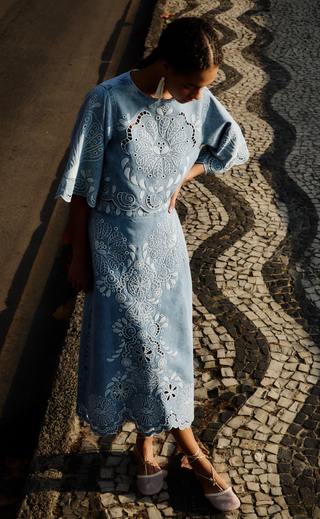 Farm Rio | Denim Richelieux Midi Skirt