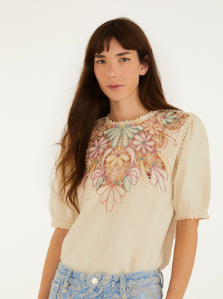 Farm Rio | Beige Flowers Embroidery Short Sleeve Blouse