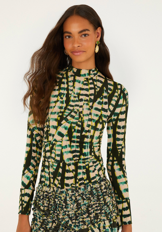 Farm Rio | Striped Leaves Moss Green Blouse